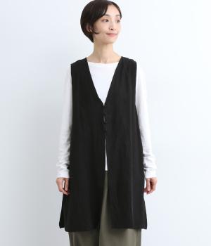 フレンチリネンブラッシュキャンバスワッシャーくるみ釦ロングジレ(ブラック-F)