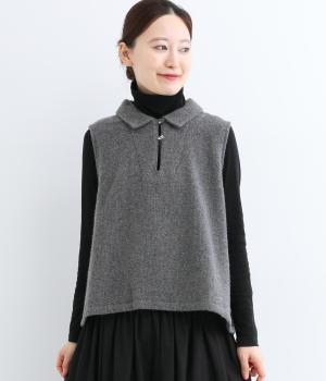 エコウール梨地リファイン襟付き変形ボタンベスト(グレー-F)