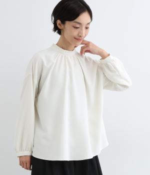 レーヨンテンセルポリパウダーポプリン襟ギャザー2wayブラウス(オフホワイト-F)