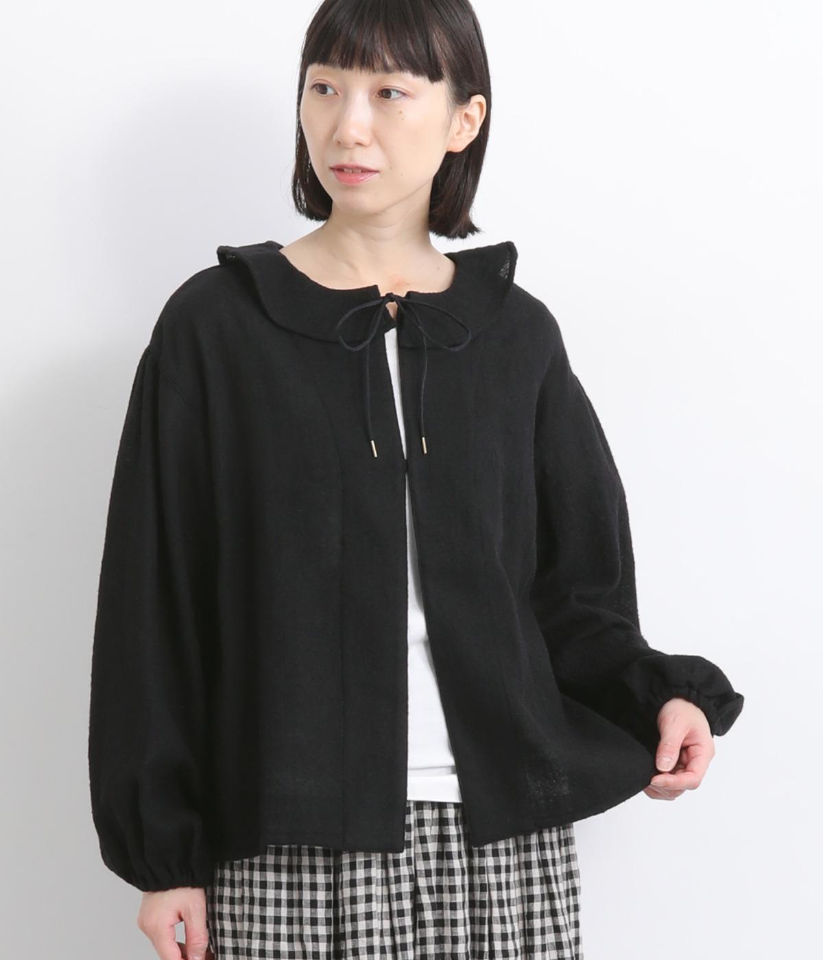 ウールガーゼ襟ギャザー紐付きブラウス(ブラック-F)