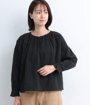 コットンリネン先染ライトキャンバス襟切替ゴム2wayプルオーバー(ブラック-F)