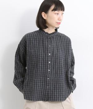 コットンウールディンプルリファインギンガム襟フリルブラウス