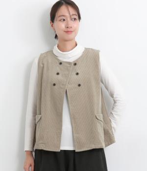 サッカーコール天ダブル釦後ろベルト付きベスト(ライトベージュ-F)