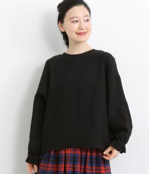 フレンチリネンブクルーネック袖ゴムプルオーバー(ブラック-F)