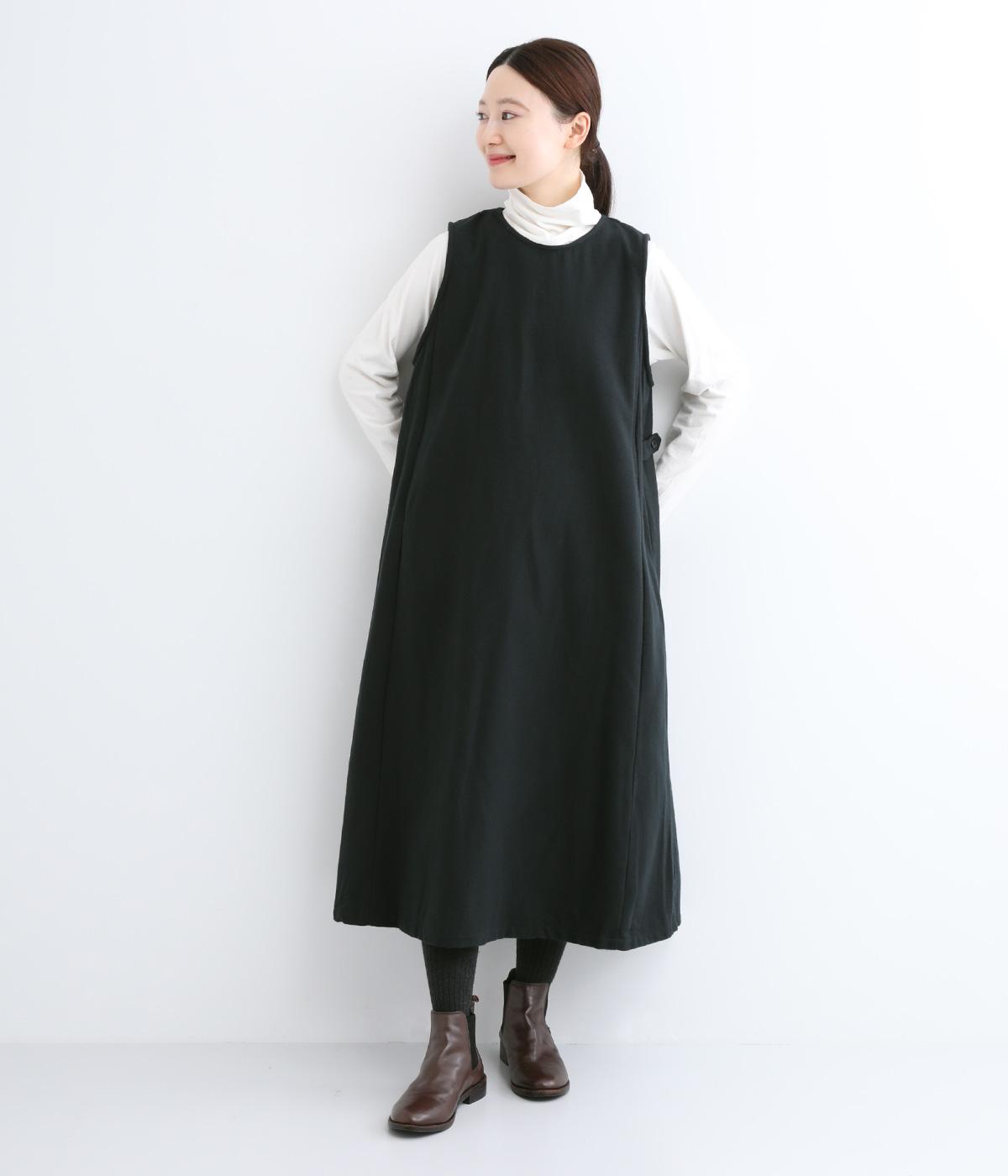 TWEDDYコットンウールライク後ろクロス開き脇タブワンピース(ブラック-F)