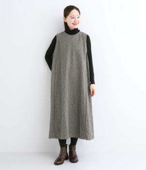 TWEDDYコットンウールライク後ろクロス開き脇タブワンピース(ブラック千鳥-F)