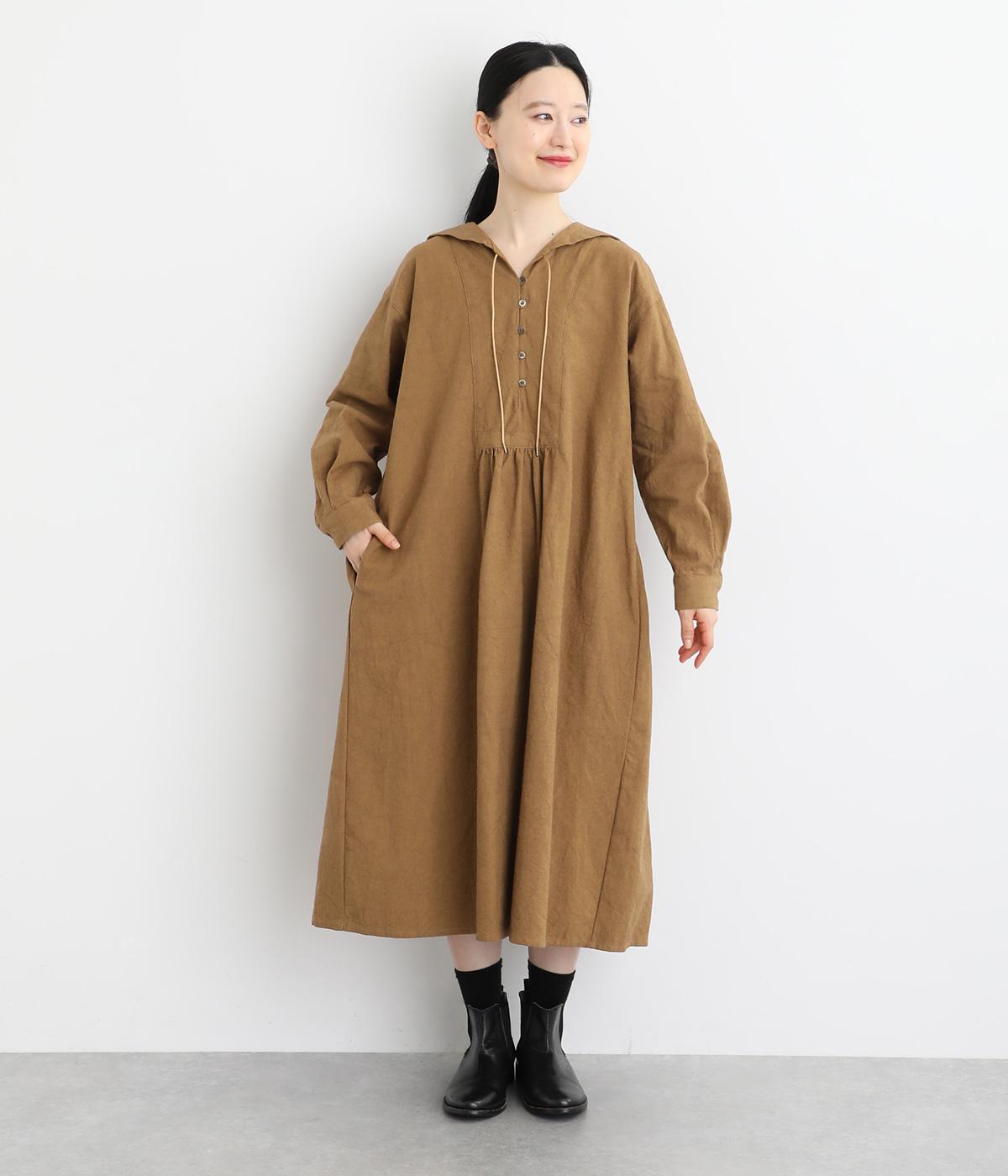 コットンリネンラミーキャンバスファナージュセーラー襟タックワンピース(キャメル-F)