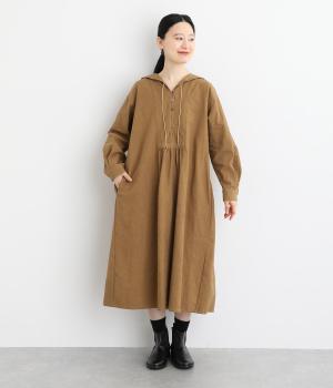 コットンリネンラミーキャンバスファナージュセーラー襟タックワンピース(キャメル-F)