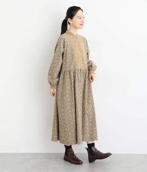 コットンシャツコール単色花柄プリント配色切替ワンピース(ベージュ-F)