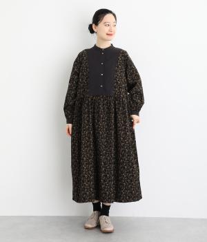 コットンシャツコール単色花柄プリント配色切替ワンピース(ブラック-F)