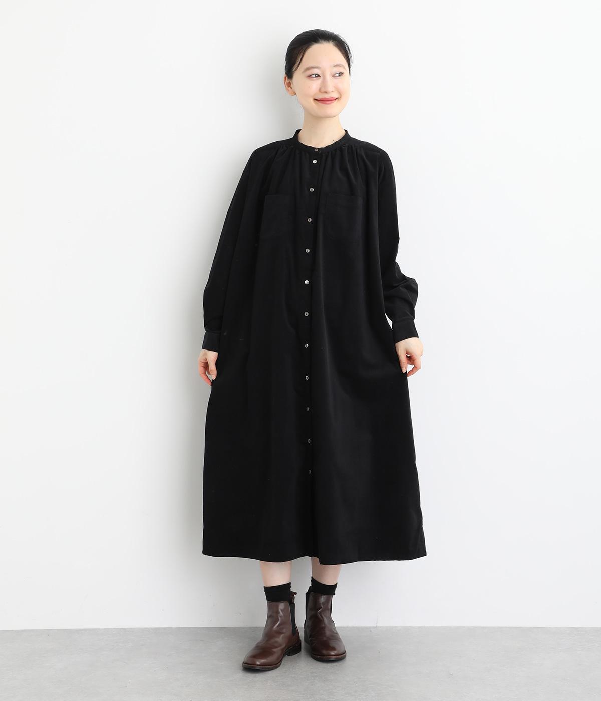 コットンシャツコール後ろ変形ヨーク前開きワンピース(ブラック-F)