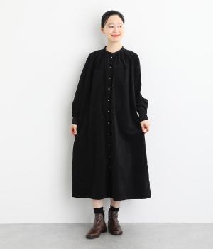 コットンシャツコール後ろ変形ヨーク前開きワンピース(ブラック-F)