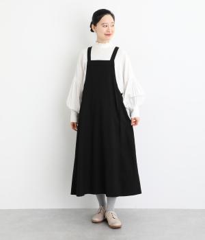 コットンウール起毛ツイル肩紐後ろVジャンパースカート(ブラック-F)