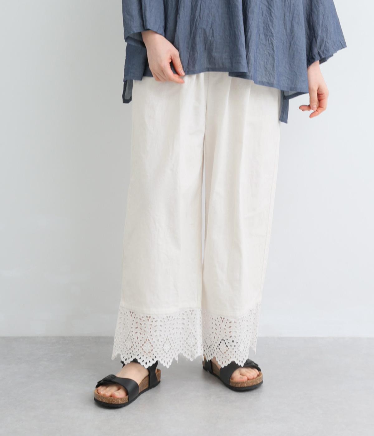 リネンコットン　裾レース切替パンツ(オフ-F)