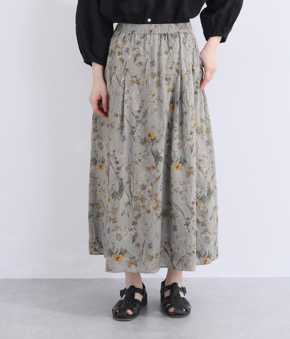 リネン花柄ローン　ポケット釦付きスカート(サックス-F)