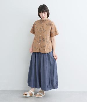 コットンリネンシャンブレー袖切替バルーンスカート(ブルー-F)