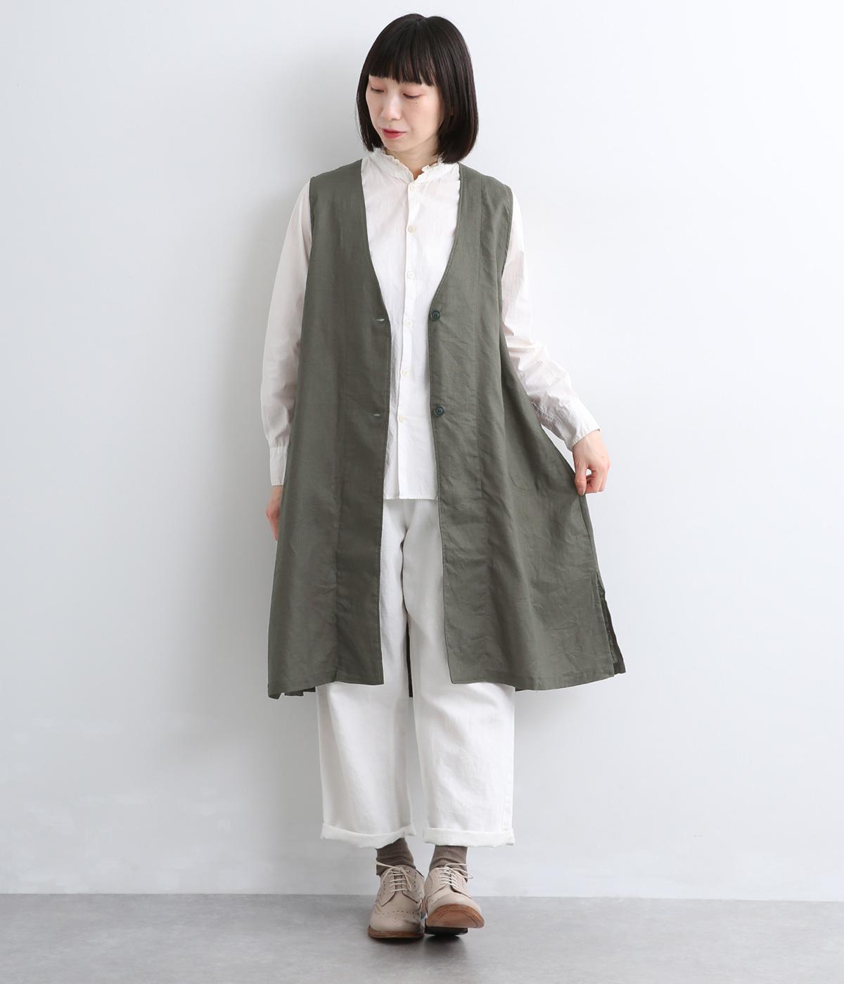 リネンコットンV開きロングベスト(チャコール-F)