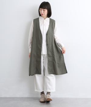 リネンコットンV開きロングベスト(チャコール-F)