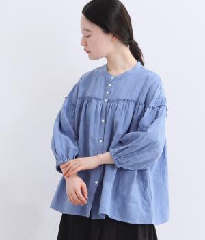 フレンチリネン　胸切替ギャザーブラウス(サックス-F)