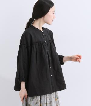 フレンチリネン　胸切替ギャザーブラウス(ブラック-F)