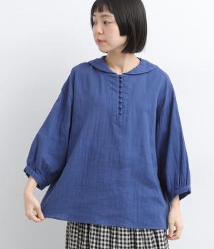 ダブルガーゼ　セーラーカラープルオーバー(ブルー-F)