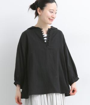 ダブルガーゼ　セーラーカラープルオーバー(ブラック-F)