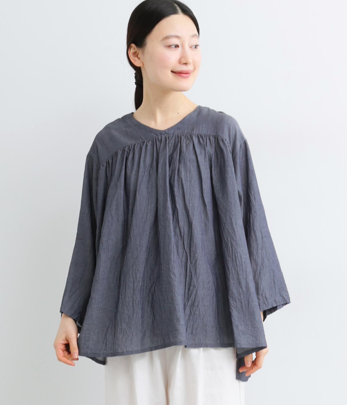 コットンデニム　後変形ヨークチュニック(ネイビー-F)