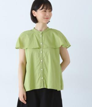 ビンテージワッシャーケープ風前開きブラウス(ライトグリーン-F)