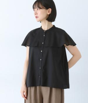 ビンテージワッシャーケープ風前開きブラウス(ブラック-F)