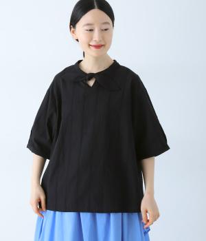 コットンリネンドビーワッシャー襟リボン半袖ブラウス(ブラック-F)