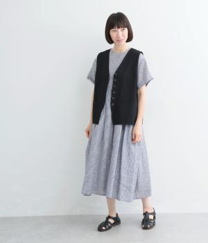 フレンチリネンウエスト切替タックワンピース(ネイビーギンガム-F)