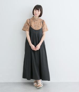 リネンワッシャー胸ピンタック2wayキャミワンピース(ブラック-F)