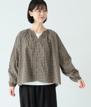 コットンフレンチリネン襟紐付きブラウス