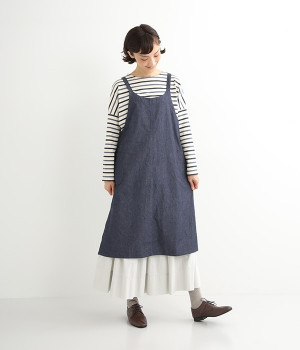 デニム　ラウンドネックエプロン(ネイビー-ONESIZE)