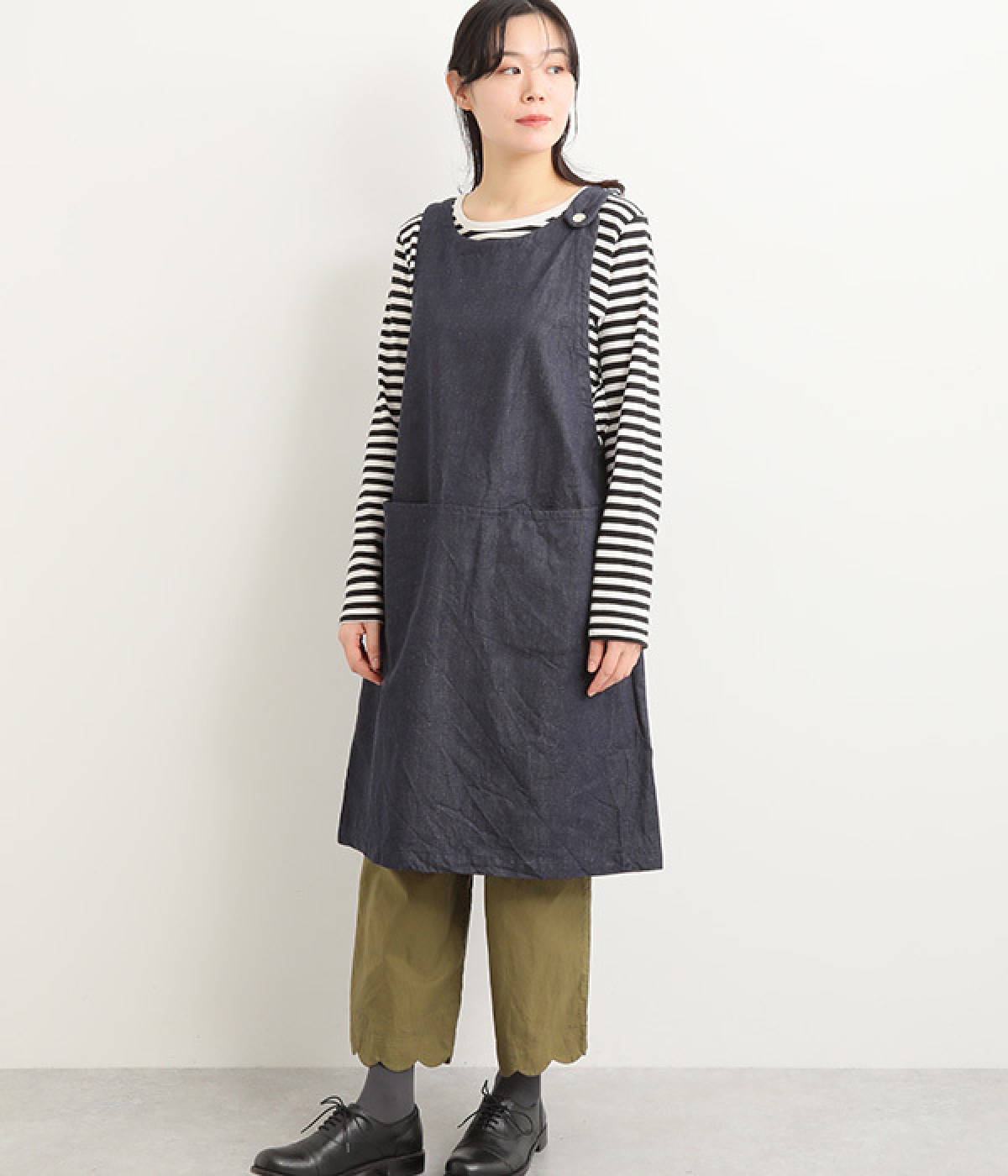 デニム オーバーエプロン(ネイビー-ONESIZE)