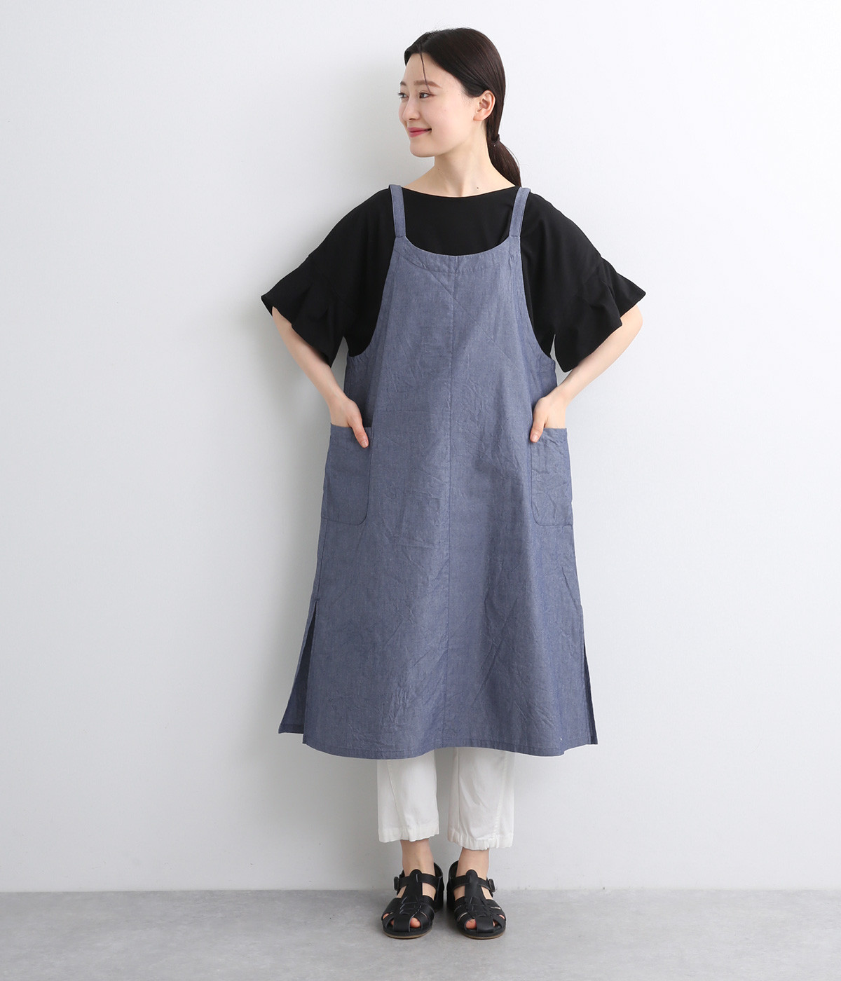 ダンガリーシャンブレー　ラウンドネックエプロン(ネイビー-ONESIZE)