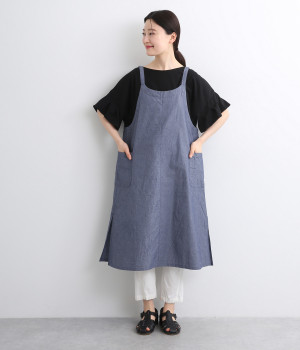 ダンガリーシャンブレー　ラウンドネックエプロン(ネイビー-ONESIZE)