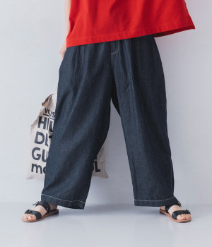 コットンリネンタンガリー　タックワイドパンツ(ワンウォッシュ-ONESIZE)