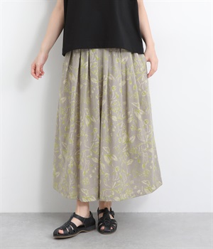 コットンリネンプリント タックスカート(グレー-ONESIZE)