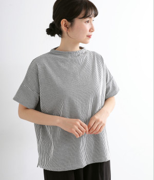 ストライプサッカーニット　ボトルネックプルオーバーブラウス(ホワイト-ONESIZE)