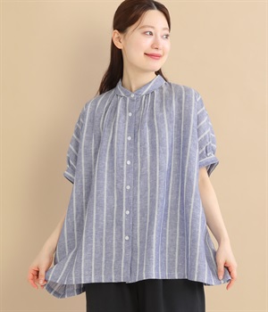 リネンストライプ ワイドギャザーブラウス(ブルー-ONESIZE)