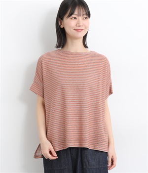 リネンコットンボーダー ワイドプルオーバー(オレンジ/ベージュ-ONESIZE)