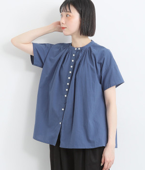 ふんわりローン　ギャザーブラウス(ブルー-ONESIZE)