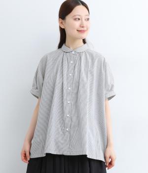 ブロード　ワイドギャザーブラウス(ストライプ-ONESIZE)
