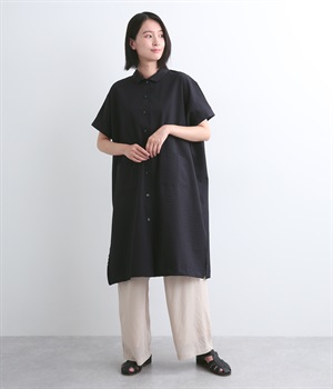 ダークストライプサッカー ワイドシャツワンピース(ネイビー-ONESIZE)