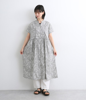 ローンフラワープリント　パイピングワンピース(グレー-ONESIZE)