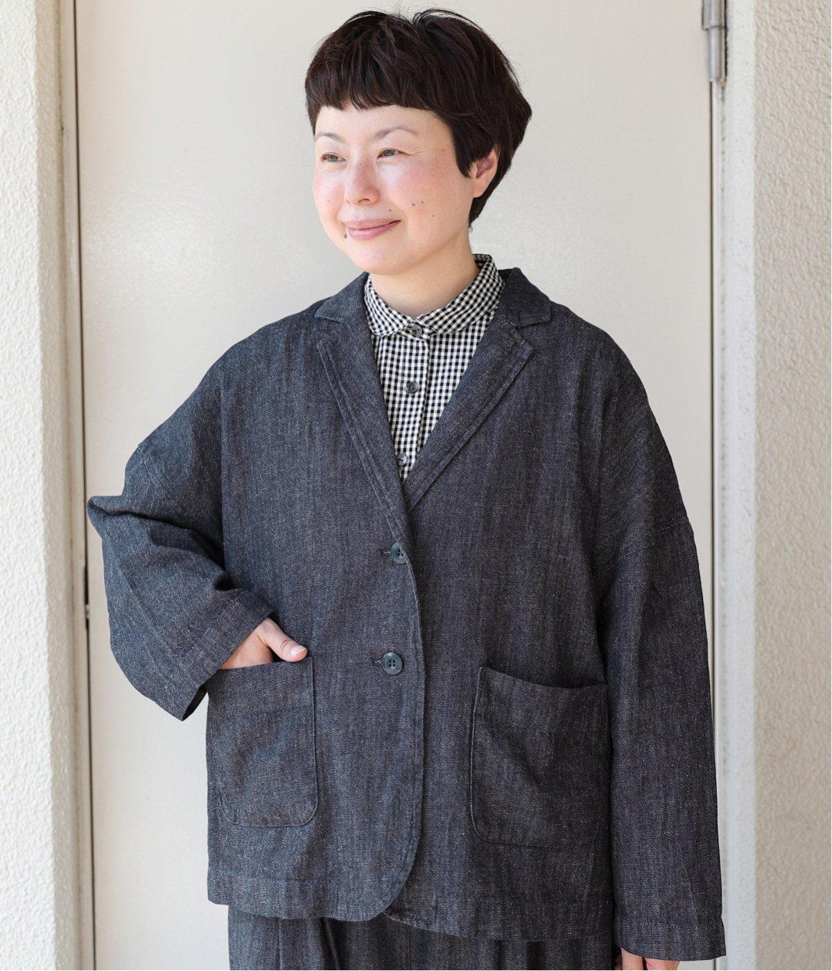コットンリネンデニム　テーラードジャケット(ネイビー-ONESIZE)