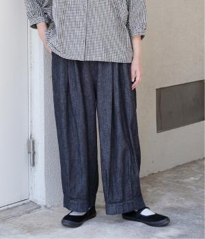 コットンリネンデニム　裾タックパンツ(ネイビー-ONESIZE)