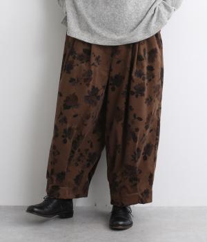 コーデュロイプリント　裾タックパンツ(ブラウン-F)