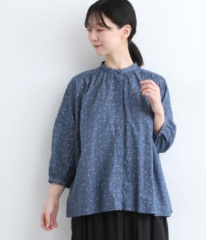 ボイルリーフ＆ドットプリント　比翼ギャザーブラウス(ネイビー-ONESIZE)